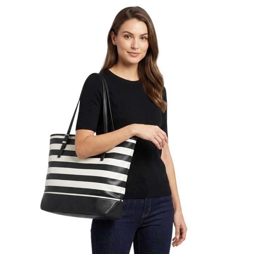 Nine West Tote Bag Women Large Black White Striped Faux Leather Shoulder Purse